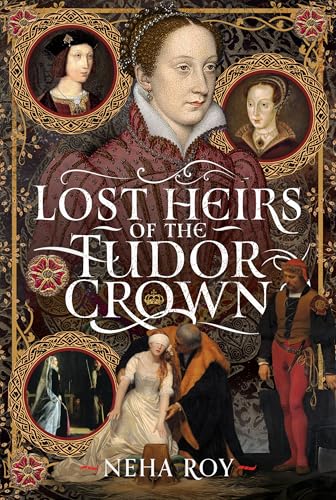 Book cover featuring historical portraits, a blindfolded woman, and a man in Tudor attire.