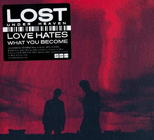 "Album cover with red sky, two silhouetted figures, and white text in a black box."
