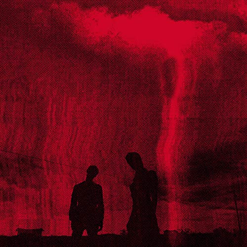 Silhouetted figures stand against a textured, intensely red and cloudy sky.