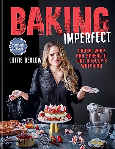 Book cover featuring a woman with a strawberry cake and baking ingredients.