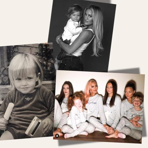 Black and white photos of a woman and family, childhood to present.