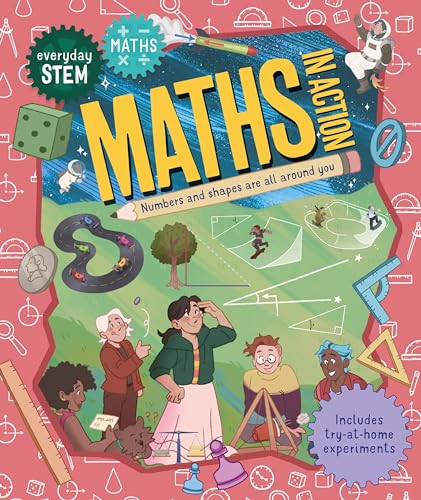 Book cover titled Everyday STEM Maths In Action featuring diverse people and geometric illustrations.