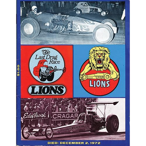 Vintage cover of “Lions Drag Strip” book featuring dragsters and a lion logo.