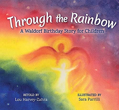 Book cover: colorful watercolor angel with rainbow background, title text.
