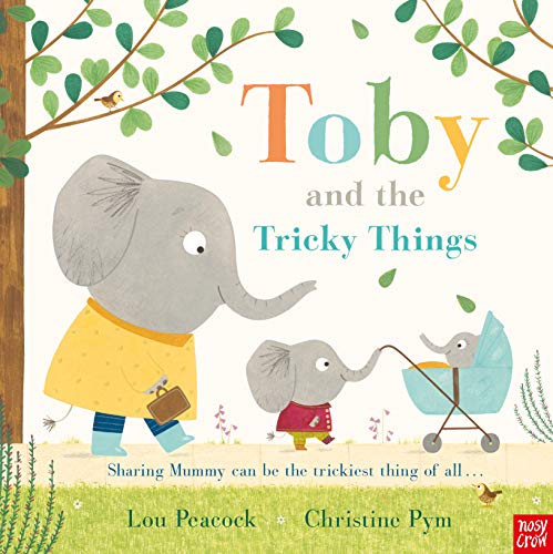 Book cover: elephant family with baby in a stroller under a tree.
