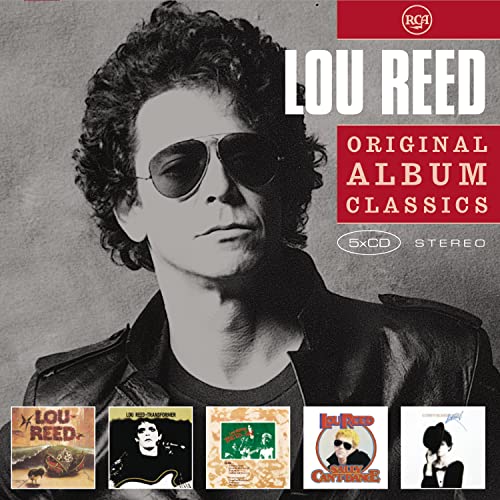 Black and white photo of Lou Reed with sunglasses and five small album covers.