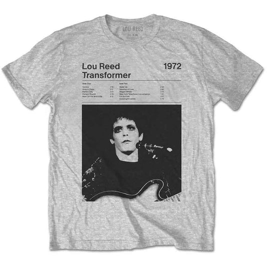 A man wearing a grey Lou Reed Transformer t-shirt with a track list print.