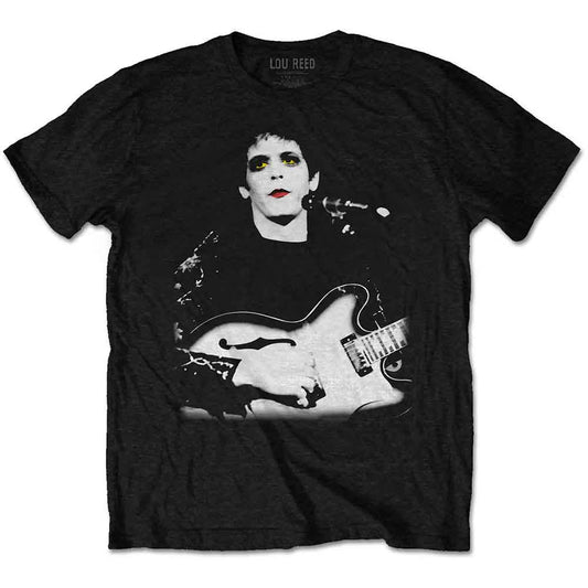 Black t-shirt featuring a black and white photo of Lou Reed playing guitar.