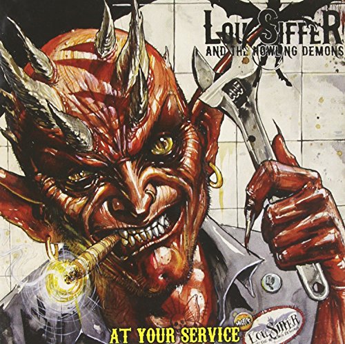 Red demon with wrenches, album cover for Lou Siffer and The Howling Dem.