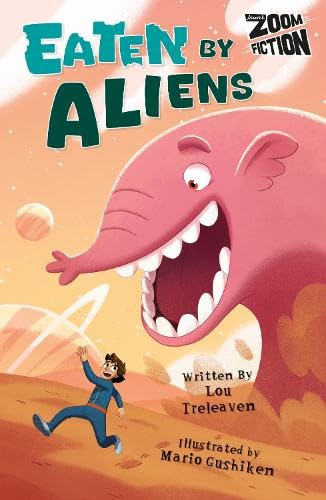 Book cover: alien with open mouth chases a boy on a planet.