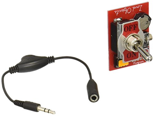 Red noise toy with switch and black cable, jack plug visible.