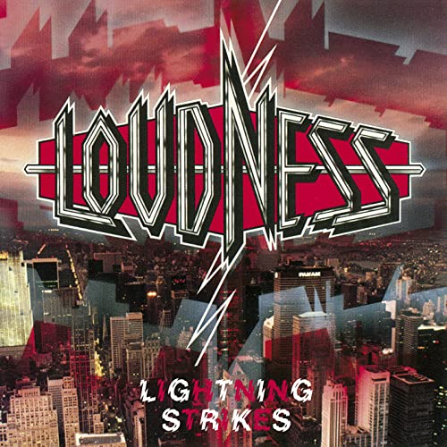 Loudness Lightning Strikes album cover featuring a stylized logo over a city skyline.