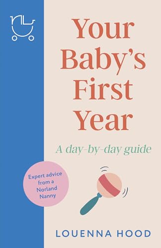 Book cover titled Your Baby’s First Year with a rattle illustration and pink circle.