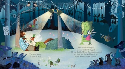 Woodland creatures perform a play illuminated by spotlights in a forest.