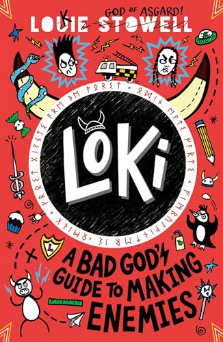 Book cover with red background, the title Loki in large letters, and cartoon illustrations.