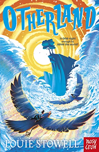 Book cover illustration showing two people riding giant birds over a stormy ocean.