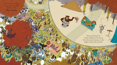 Illustration from children’s book showing animals watching a performance in a forest.