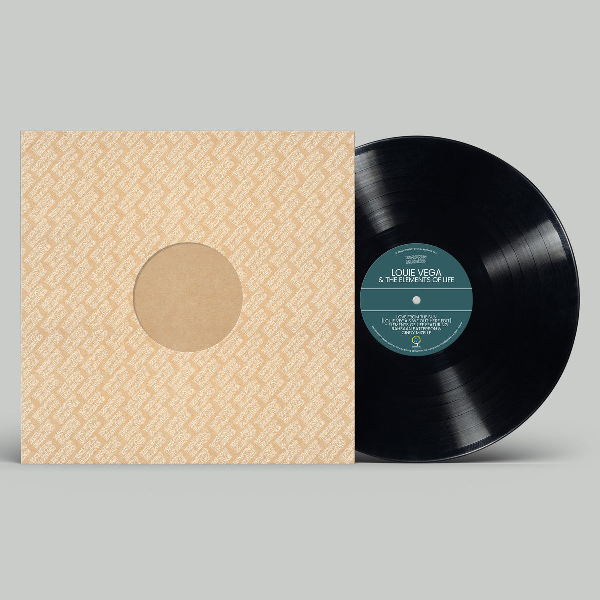Vinyl record and patterned sleeve with a central circular opening.