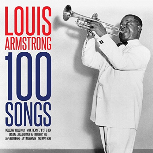 Louis Armstrong playing trumpet, album cover for "100 Songs" CD.