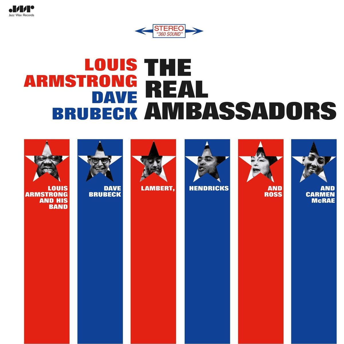 Album cover for The Real Ambassadors featuring six musicians in stars on red-blue stripes.