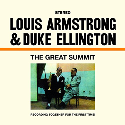 The image depicts a vinyl record cover featuring Louis Armstrong and Duke Ellington. Alt text: Vinyl record cover with two men, one holding a trumpet, in suits.