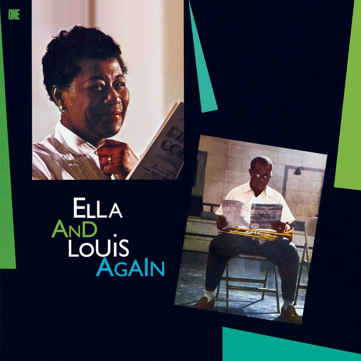 Album cover showing photos of Ella Fitzgerald and Louis Armstrong with text Ella and Louis.