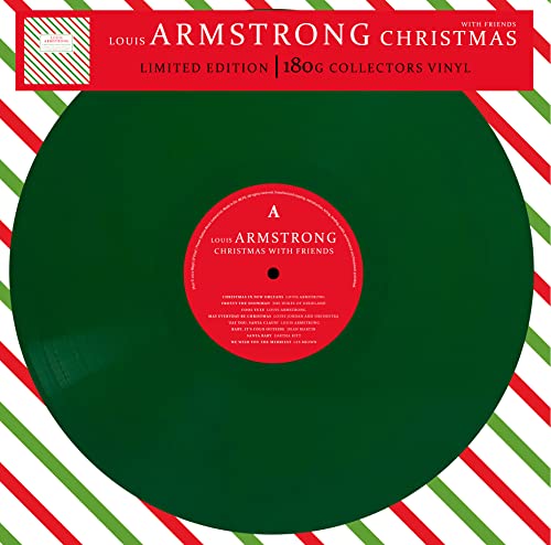 Green vinyl record, “Louis Armstrong Christmas With Friends” label visible.