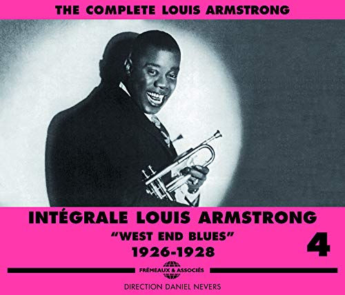 Louis Armstrong playing trumpet, album cover for “West End Blues 1926-1928”.