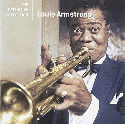 Louis Armstrong playing a golden trumpet, portrait from album cover.