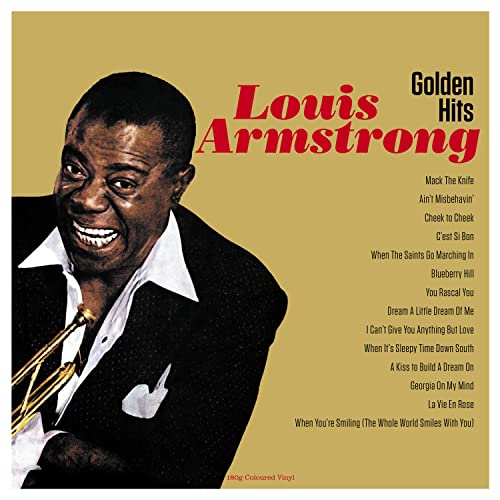 Louis Armstrong portrait on a gold background with tracklist for Golden Hits vinyl album.