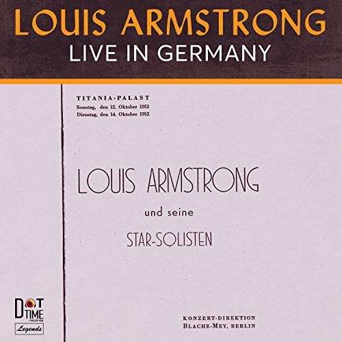 "Vinyl record cover with 'Louis Armstrong Live in Germany' title, sealed in plastic wrap."