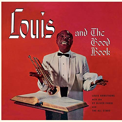 Louis Armstrong with trumpet and open book on album cover.