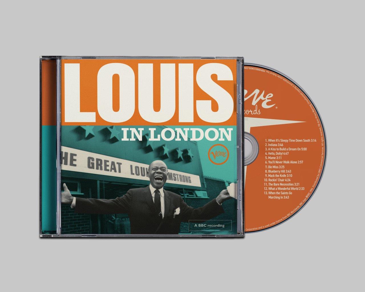 Louis Armstrong “Louis In London” CD case with portrait and tracklist.