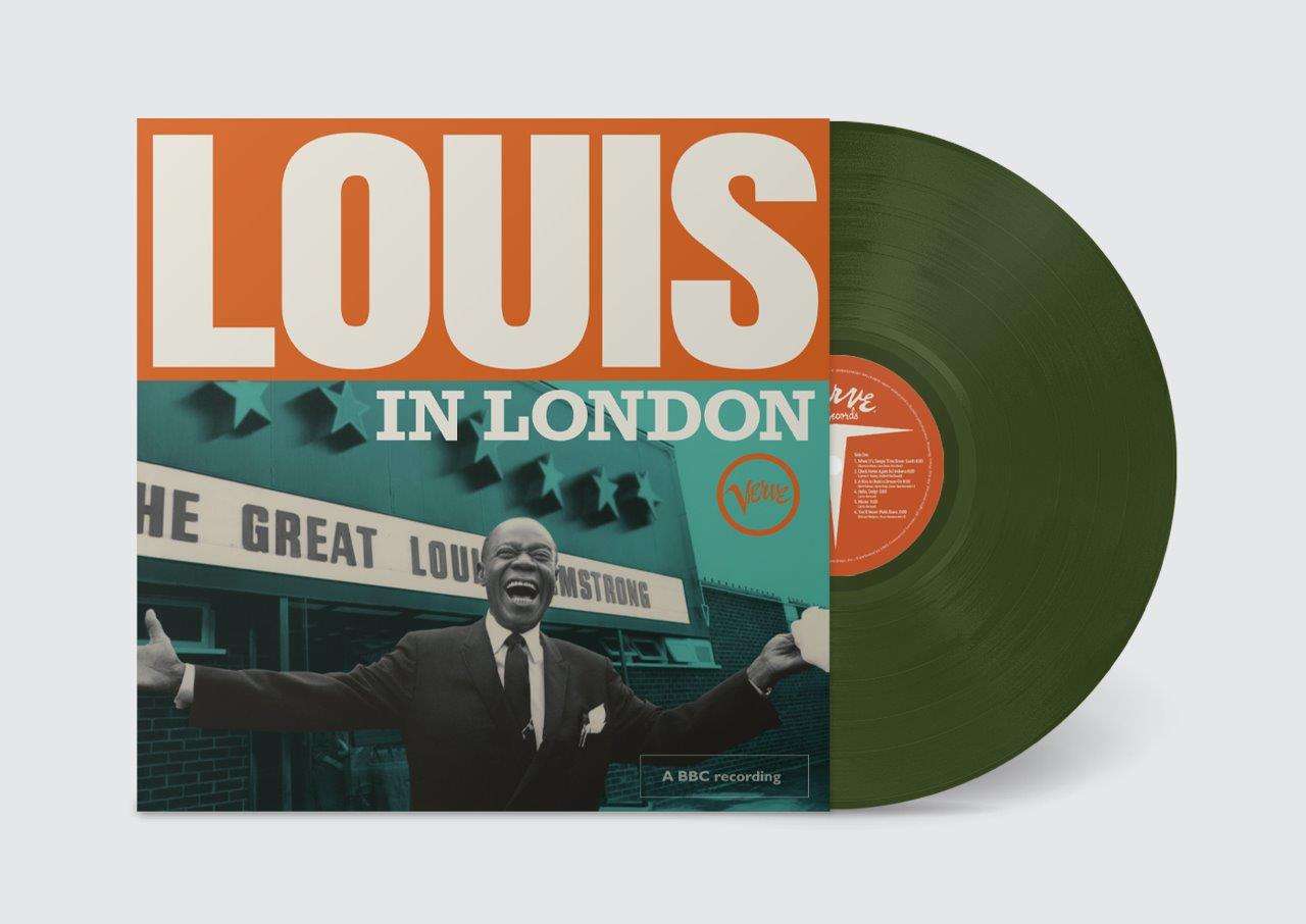 Louis Armstrong album cover and dark green vinyl record.