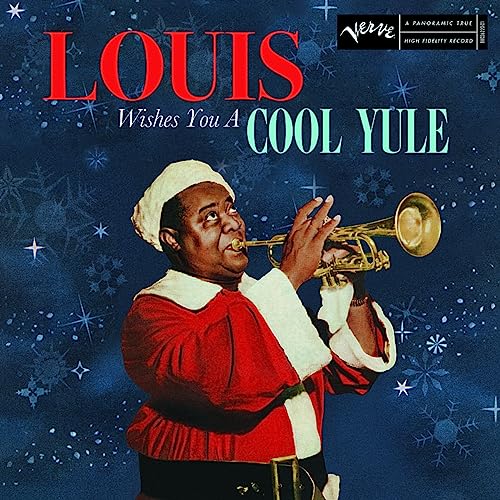 Louis Armstrong in a Santa hat plays trumpet on album cover.