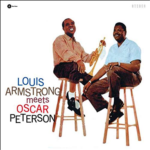 Louis Armstrong holding a trumpet and Oscar Peterson sitting on stools against white background.