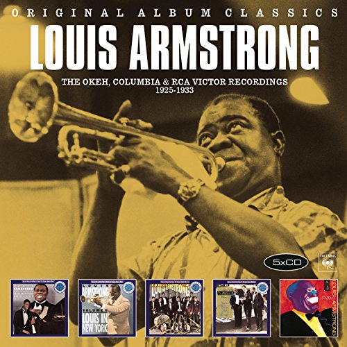 Louis Armstrong playing trumpet on a 5-CD album cover with album art.