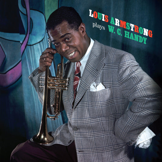 Louis Armstrong smiling while holding a trumpet, wearing a plaid blazer and patterned tie.
