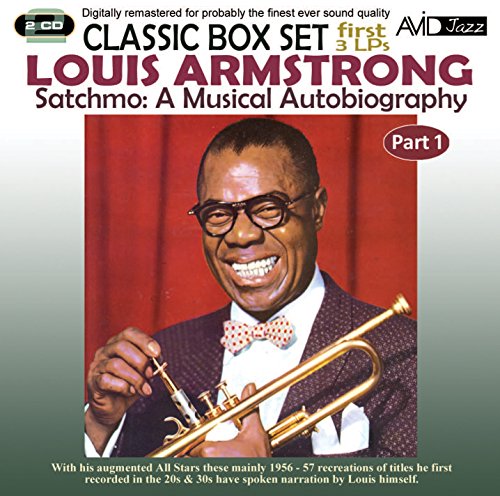 Louis Armstrong portrait with trumpet, album cover for "Satchmo: A Musical Autobiography.