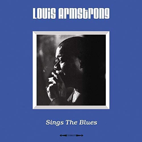 Louis Armstrong album cover, black and white portrait, blue background.