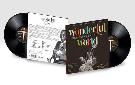 Louis Armstrong's "Wonderful World" vinyl record with album cover displayed.