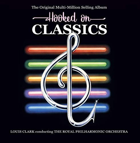 Album cover for "Hooked on Classics" featuring a treble clef and neon lines.