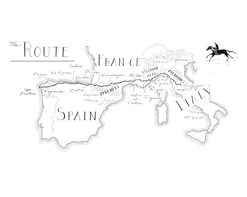 A black and white map showing a route across Spain, France, and Italy.