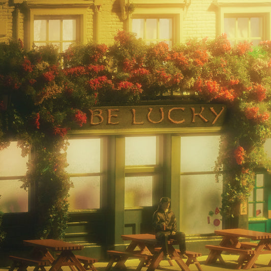 Pub facade with floral decoration, a person seated at tables outside.