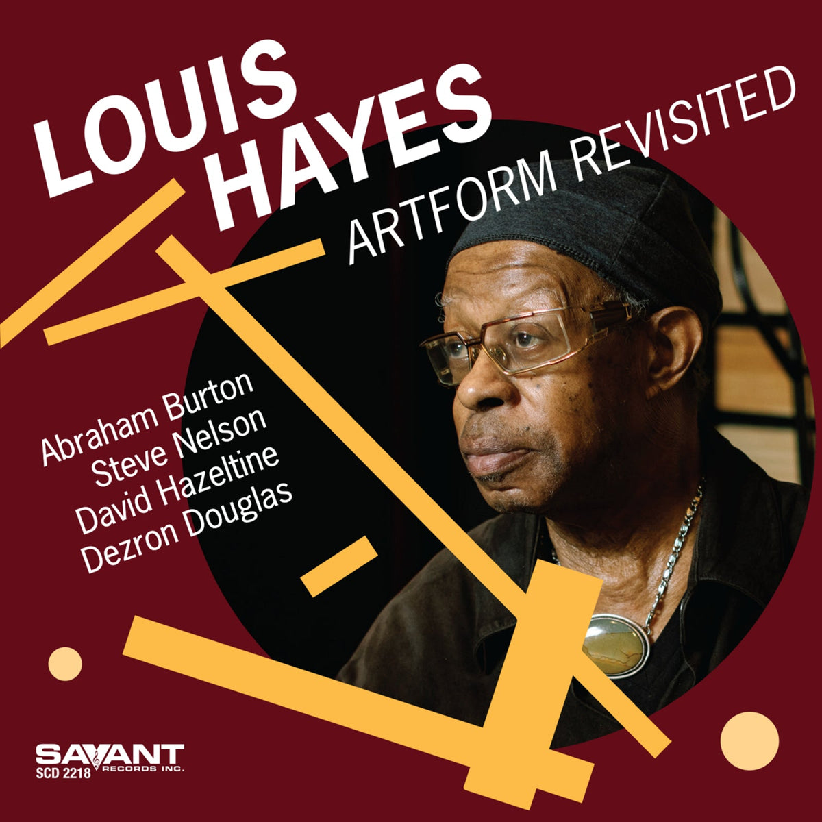 Louis Hayes album cover: portrait of a man with glasses, geometric design.