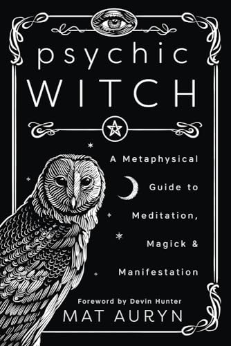 Book cover with white text, an owl, and mystical symbols on black.