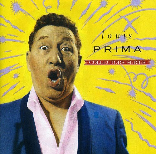 Louis Prima with an expressive face against a yellow background with purple starburst graphics.