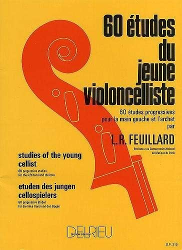 Yellow cover of cello studies book with a red cello scroll design.