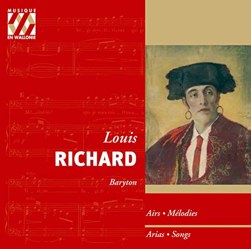 "CD cover with a man in 18th-century attire, red background, and musical notes."