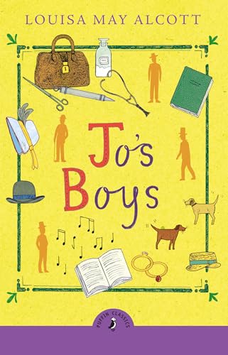 Book cover for "Jo's Boys" with illustrated objects and figures in red and brown.
